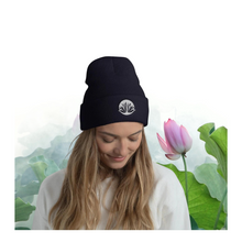 Load image into Gallery viewer, Amazing White Lotus Embroidered Cuffed Beanie, Beanies Hats For Men, Beanie For Women, Yoga Gifts
